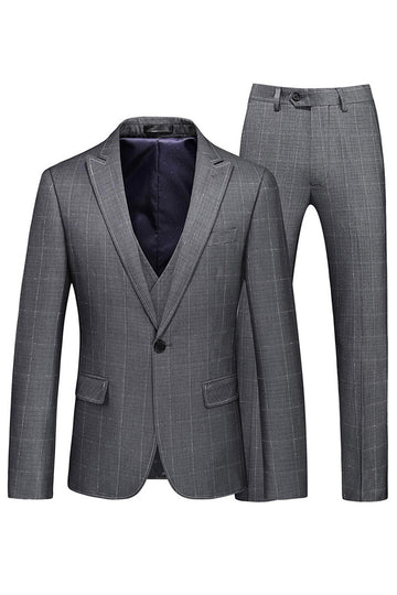 Men's Grey Plaid Peak Lapel 3 Pieces Formal Suits